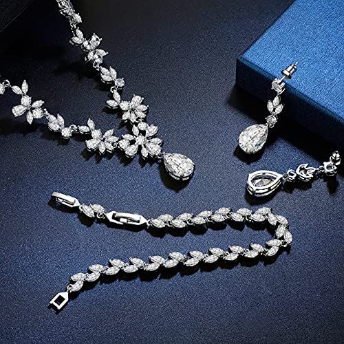 GULICX Wedding Jewelry for Bride, Silver Bridal Necklace Earrings Bracelet Set with Clear Cubic Zirconia, Bridemaids Jewelry Set for Wedding, Crystal Wedding Party Jewelry Set for Women Girls - color: White gold plated