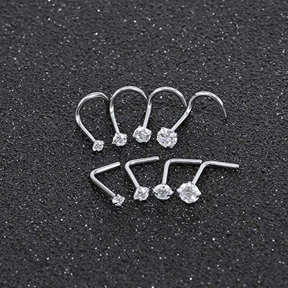 ZS 6-14PCS 20g Tiny Nose Stud Ring Piercing Surgical Steel Nose Bone/L Shaped/Nose Screws Rings Set - color: A:8pcs Mixed Style(1.5mm/2mm/2.5mm/3mm CZ)