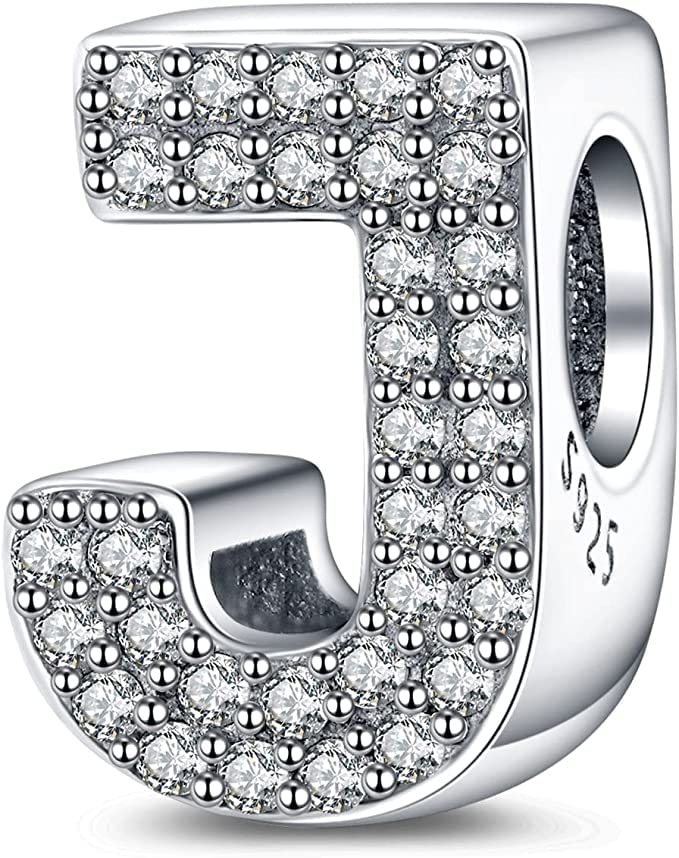 A-Z Alphabet Letter Name Initial Tag Personalized Monogram Surname Birthday Bead Pendant 925 Sterling Silver Dangle Compatible With Pandora Moments Charm Bracelet - style: J Letter Initial Name Alphabet