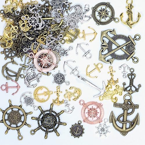 stino 100 G Mixed Style Metal Charms for Jewelry Making, Bulk Silver & Gold Plated, for Bracelet, Necklace, Earrings DIY Crafts - style: Anchor and Compass Wheel