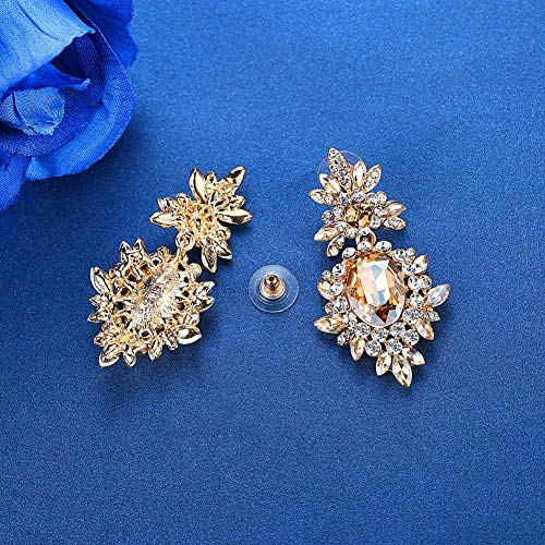 Flower Teardrop Bridal Wedding Dangle CZ Earrings in Silver/Gold Tone for Women Girl Bride Gift … - color: A-Gold