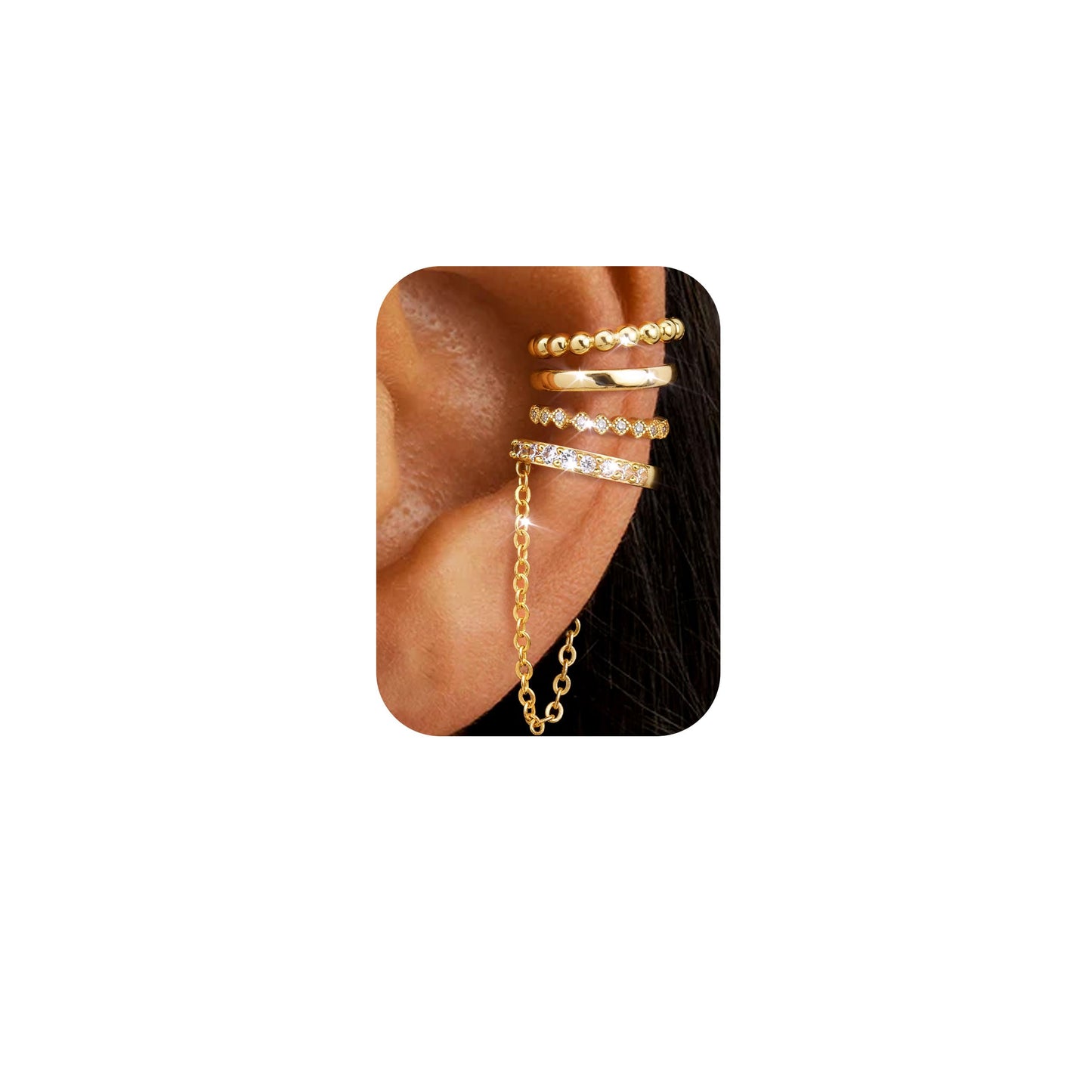 4Pcs Ear Cuffs Non-Piercing for Women Dainty 14K Gold Plated Clip On Cartilage Earrings Hypoallergenic Huggie Hoop Cuffs Fake Earings for Non Pierced Ears - color: Beaded-14K Gold Plated