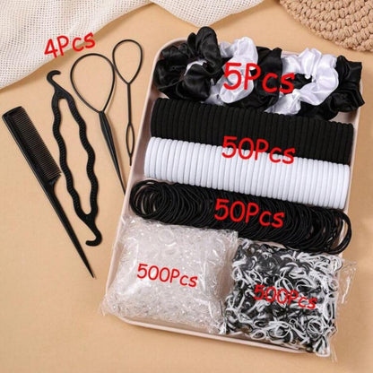 500-Count Black White Hair Ties Bulk Set, Mixed Thin Nylon Elastics with Styling Comb for Women