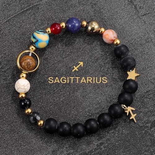 Solar System Planet Bead Zodiac Sign Stretch Bracelet for Men Women | Matte black beads with solar system planet stones, unisex design, perfect birthday holiday gift for men women - color: Sagittarius