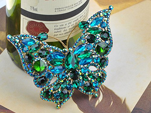 Alilang Golden Tone Sparkle Green Blue Crystal Rhinestones Butterfly Insect Brooch Lapel Pins for Hat Bag Suit Tie