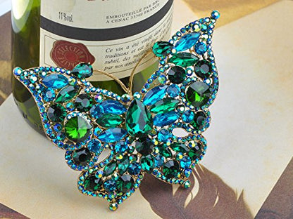 Alilang Golden Tone Sparkle Green Blue Crystal Rhinestones Butterfly Insect Brooch Lapel Pins for Hat Bag Suit Tie