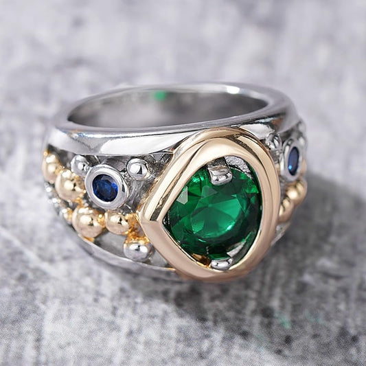 Vintage Inlay Green Synthetic Gemstone Two-tone Rings for Women Daily Casual Party Rings Jewelry Gift - color: silver