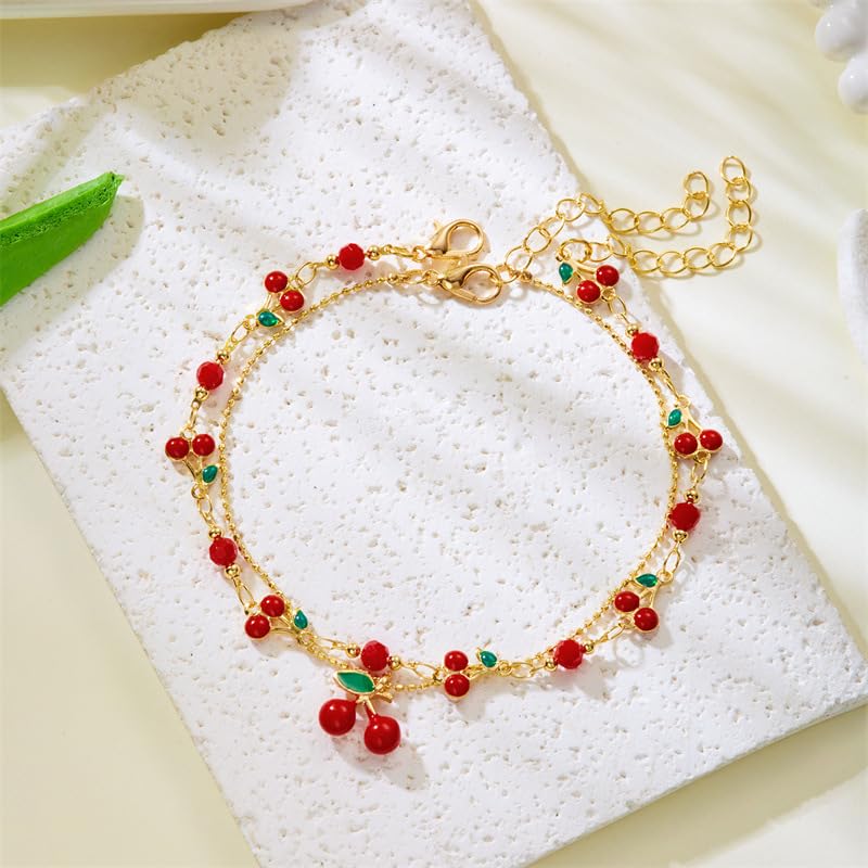 Tiny Red Cherry Fruit Necklace Bracelet Anklet Sweet Cherry Pendant Double Layered Gold Chain - color: red cherry anklet