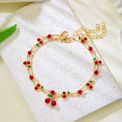 Tiny Red Cherry Fruit Necklace Bracelet Anklet Sweet Cherry Pendant Double Layered Gold Chain - color: red cherry anklet