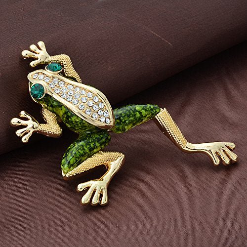 Vintage Gold Tone Crystal Green Enamel Frog Brooch Pin Lucky Symbol Animal Pin