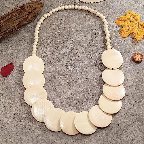 COLORFUL BLING Natural Chunky Wooden Beads Statement Necklace Boho African Tribal Collar Choker Bib Necklace Hippie Vacation Jewelry for Unisex Men Women - color: long light