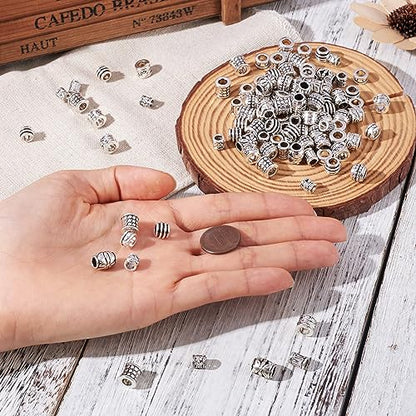 Craftdady 190Pcs Antique Silver Spacer Beads 8 Styles Tibetan Large Hole Column Tube Barrel Metal Charm Beads Hole: 4-5mm Fit European Charm Snake Chain Bracelet Jewelry Making - color: 8 Styles, 190Pcs, Antique Silver