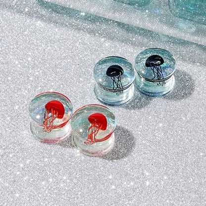 Stuppendux 4 Style 2Set Color Ocean Jellyfish Glass Double Flared Ear Plugs Tunnels Expander Stretching Kit Gauge 0g-5/8 8-16mm - color: Transparent Jellyfish 12MM