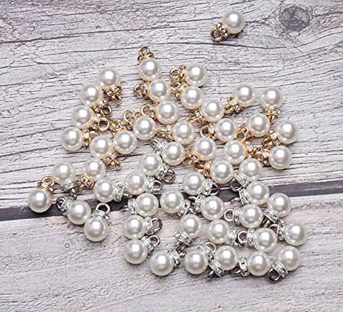 Ruwado Faux Pearl Beads with Rhinestone 25 Pcs Gold 25 Pcs Silver with Hole | Vintage 8 mm Elegant Imitation Peal Pendant Charms for Dangle Earrings Necklace Bracelet DIY Jewelry Making Accessories