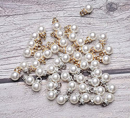 Ruwado Faux Pearl Beads with Rhinestone 25 Pcs Gold 25 Pcs Silver with Hole | Vintage 8 mm Elegant Imitation Peal Pendant Charms for Dangle Earrings Necklace Bracelet DIY Jewelry Making Accessories