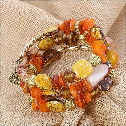 Women Beaded Bracelet Set | Colorful Boho Stackable Trendy Design with Crystal Accents Multilayer Bangle Bracelet | Fashion Stretch Braclets Jewelry for Women - color: Orange.