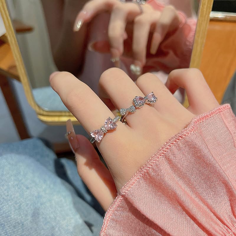 Pink Cubic Zirconia Cute Bowknot Finger Rings 925 Sterling Silver 14K Gold Plated Adjustable Rhinestone Butterfly Bowkont Open Rings Wedding Jewelry for Women（Pink） - color: Pink