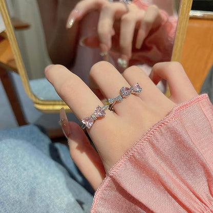 Pink Cubic Zirconia Cute Bowknot Finger Rings 925 Sterling Silver 14K Gold Plated Adjustable Rhinestone Butterfly Bowkont Open Rings Wedding Jewelry for Women（Pink） - color: Pink