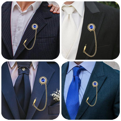 Mens Sunflower Lapel Pin Crystal Rhinestone Brooches for Men Hanging Chain Brooch Suit Pin Flower Lapel Pins for Men Wedding Business Party - color: Blue