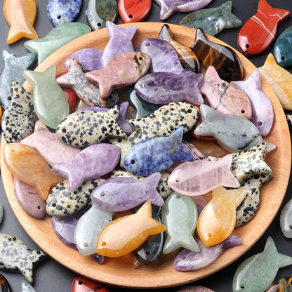 5PCS Fish Shaped Crystal Pendant Handmade Natural Stone Tiger Eye Amethyst Charms Leather Cord Necklaces Choker Jewelry