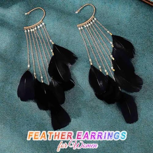 Catery Feather Earrings Long Tassel Boho Earrings Dangling Fringe Prom Jewelry for Women - color: Black