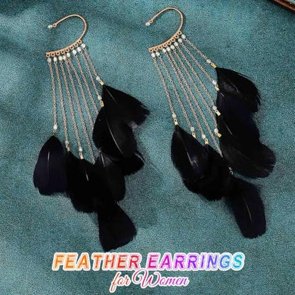 Catery Feather Earrings Long Tassel Boho Earrings Dangling Fringe Prom Jewelry for Women - color: Black