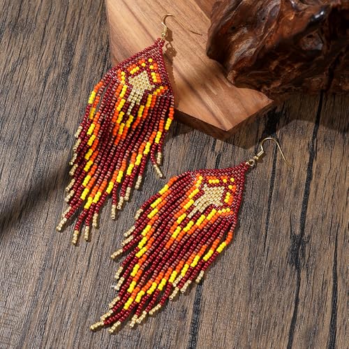 Bohemian Tassel Colorful Beaded Earrings For Women Trendy, Long Fringe Feather Drop Jewelry Handmade Gifts. - color: color3