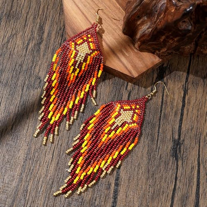 Bohemian Tassel Colorful Beaded Earrings For Women Trendy, Long Fringe Feather Drop Jewelry Handmade Gifts. - color: color3