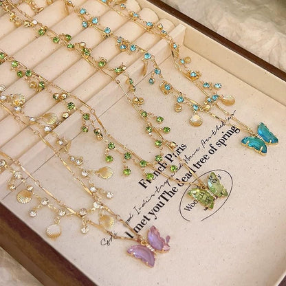 Necklace Bohemian Beach Jewelry Layered Chain Summer Accessories, Crystal Butterfly Necklace Y2K Fashion Jewelry Double Layered Trendy