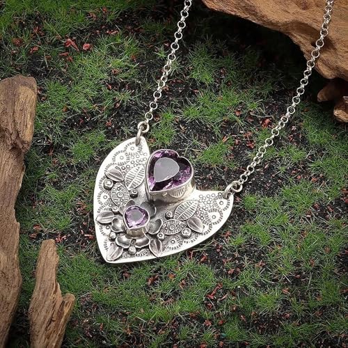 Love Amethyst Necklace Romantic Gift for Girlfriend Mom Valentine’s Day | Antique silver 3D leaf floral heart tag with double heart amethyst, skin-friendly alloy as romantic Valentine’s gift