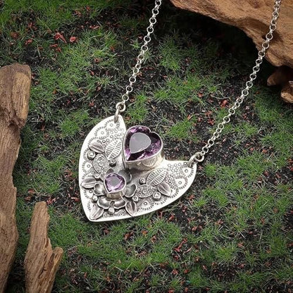 Love Amethyst Necklace Romantic Gift for Girlfriend Mom Valentine’s Day | Antique silver 3D leaf floral heart tag with double heart amethyst, skin-friendly alloy as romantic Valentine’s gift