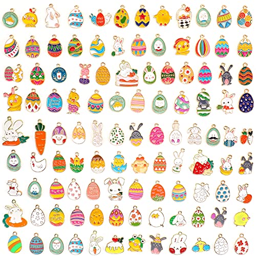 SANNIX 110Pcs Easter Charms, Easter Charms for Jewelry Making, Assorted Egg Chick Bunny Rabbit Bulk Gold Enamel Charm Spring Pendants for Crafts Bracelet Necklace Earrings - style: Easter Charms