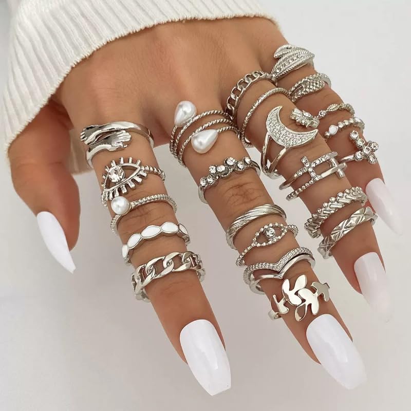 Chunky Gold Rings for Women Gold Baroque Pearl Rings Open Adjustable Pearl Ring Stacking Knuckles Rings Set Boho Prom Costume Fashion Jewelry for Women 2026 - style: Silver Moon