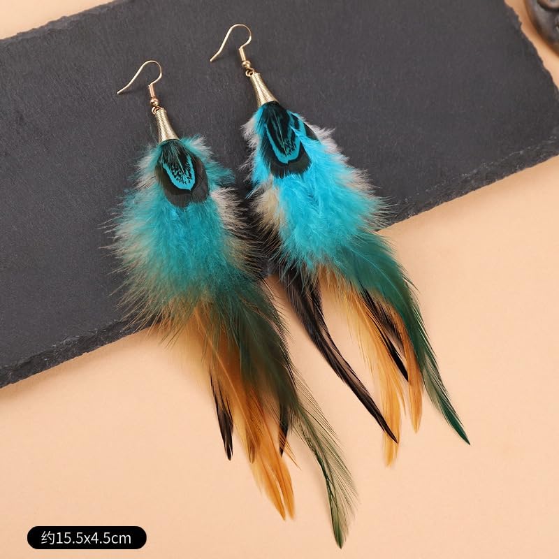 Boho Colorful Feather Dangle Earrings Handmade Beads Taseel Fashion Earrings for Women - color: Peacock Blue