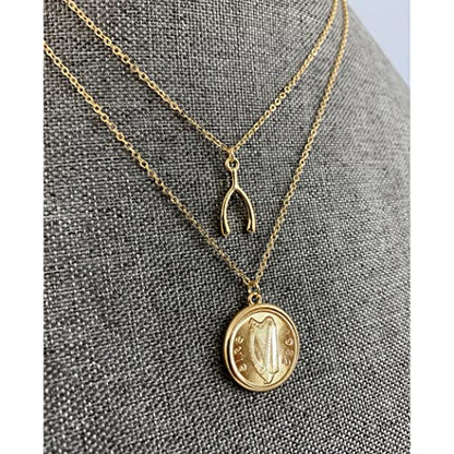 American Coin Treasures Pendant Irish Half Penny Coin Necklace- Double Strand 18&16 Inch Cable Chain- Goldtone Bezel- Harp Obverse Side
