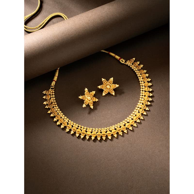 Aheli Bollywood Traditional Gold Tone Short Necklace Earrings Jewelry Set Gift for Women Wedding Party Ethnic Fashion Wear - color: Gold 4