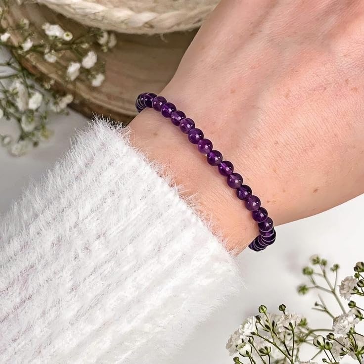 Carnelian Bracelet - Stone of Luck,Stretch Natural Stone Crystal Beads Jewelry Gifts for Women Men Unisex - color: Amethyst-Guardian of Love, size: 4mm