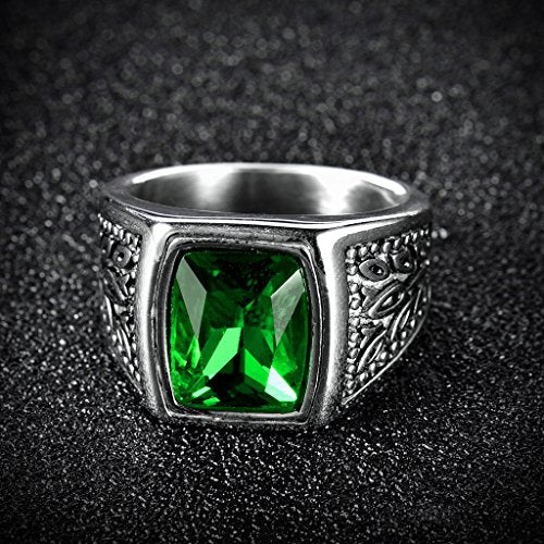 MASOP Jewelry Men's Stainless Steel Wide Identify Ring Green Emerald Color Square Stone