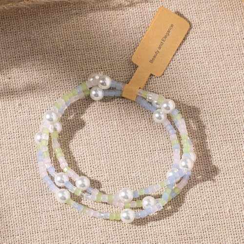 Boho Crystal Glass Beaded Stretch Bracelet Set, Stackable Multilayer with Faux Pearl, Handmade Friendship Jewelry for Women - color: Blue