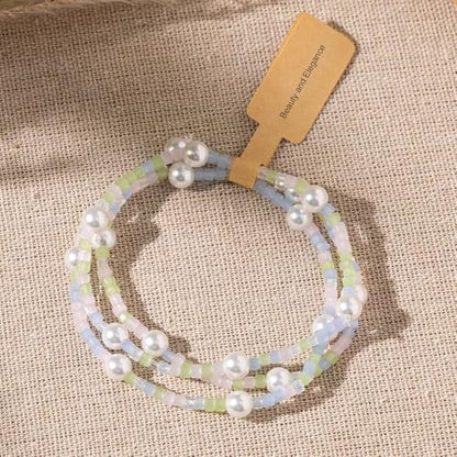 Boho Crystal Glass Beaded Stretch Bracelet Set, Stackable Multilayer with Faux Pearl, Handmade Friendship Jewelry for Women - color: Blue