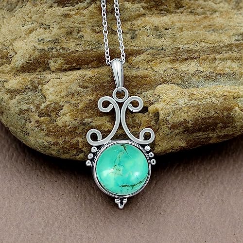 Natural Round Gemstone Pendant Necklace for Women, 925 Sterling Silver | Solitaire Birthstone Jewelry With 18 Inch Chain, Handmade Semi Precious Stone Pendant, Jewelry Gift for Mom, Wife & Sister - color: Turquoise