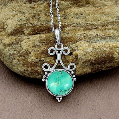 Natural Round Gemstone Pendant Necklace for Women, 925 Sterling Silver | Solitaire Birthstone Jewelry With 18 Inch Chain, Handmade Semi Precious Stone Pendant, Jewelry Gift for Mom, Wife & Sister - color: Turquoise