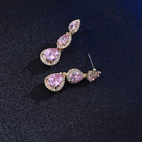 Women's Cubic Zirconia Bridal Earrings - Elegant Long Wedding Party Prom Earring for Bride Bridesmaids Crystal CZ Rhinestone Chandelier Statement Dangle Drop Earrings for Women - color: Pink