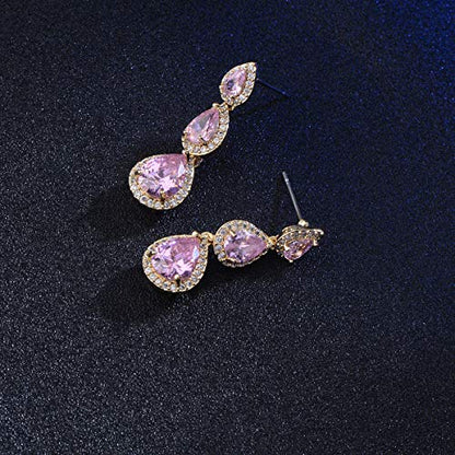 Women's Cubic Zirconia Bridal Earrings - Elegant Long Wedding Party Prom Earring for Bride Bridesmaids Crystal CZ Rhinestone Chandelier Statement Dangle Drop Earrings for Women - color: Pink