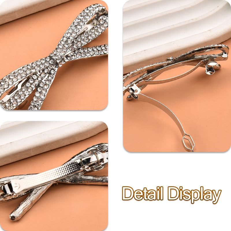 Rhinestone Bow Hair Barrettes for Women Girls Sparkling Glittering Bow-Knot French Barrettes Silver Crystal Hair Clips Hairpins Hair Pin Ponytail Holders Bling Metal Hair Bow Clips Accessories - color: Rhinestone