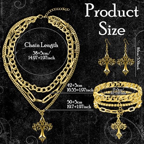 Tondiamo 3 Pcs Gothic Jewelry Set Cross Necklace for Women Goth Earrings Bracelet Layered Y2k Choker Costume Accessory - color: Golden, style: Cross