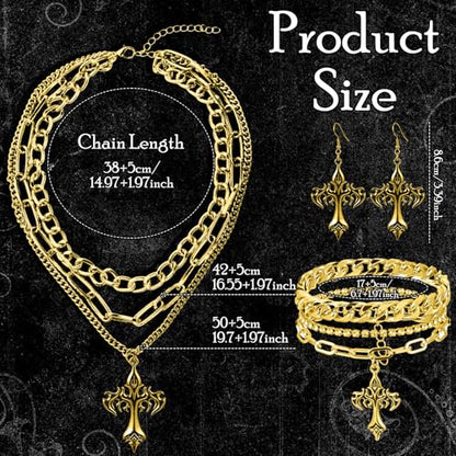 Tondiamo 3 Pcs Gothic Jewelry Set Cross Necklace for Women Goth Earrings Bracelet Layered Y2k Choker Costume Accessory - color: Golden, style: Cross