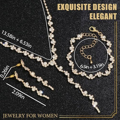 Rhinestone Jewelry Set Crystal Pearl Necklace Bracelet Earrings | Sparkly Necklace Dangle Earrings,Wedding Prom Formal Costume Jewelry Sets for Women - color: Gold3