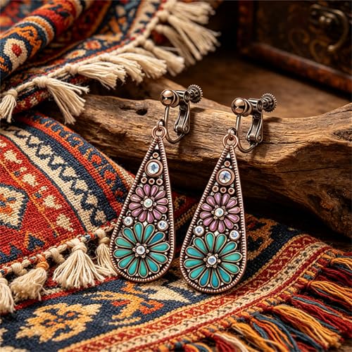 6 Pairs Bohemian Copper Crystal Teardrop Clip On Earrings for Women Handmade Colorful Enamel Floral Dangle Drop Earrings Retro Tribal Style Geometric Design Jewelry Gifts - color: Brown