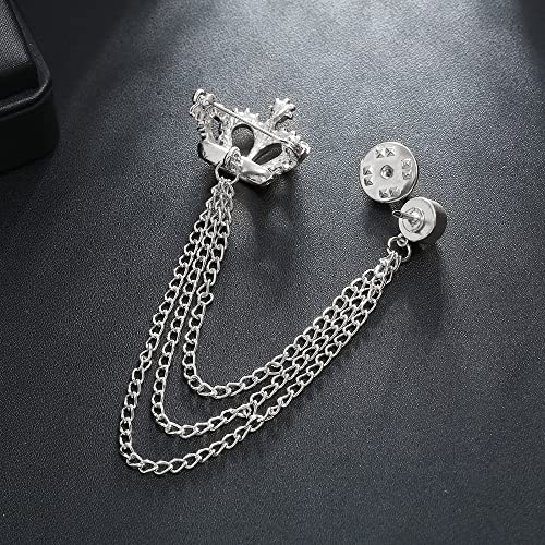 Rhinestone Crown Long Chain Brooch.Gold Silver Tassel Brooch Pin,Retro Crystal Suit Pins Collar Coat Pin for Men's Accessories Pin Husband Gifts - color: Silver